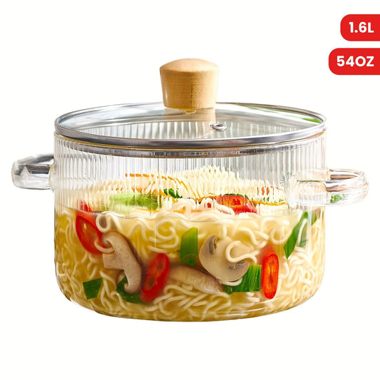 Glass cooking pot with lid, 1.6L (54oz) capacity made of heat resistant borosilicate glass. This stovetop pot set includes a paella pan and simmer pot with a cover, safe for soup.