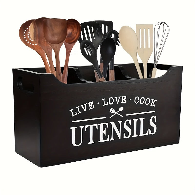 Wooden utensil caddy with "Live Love Cook" motif, open top kitchen organizer.