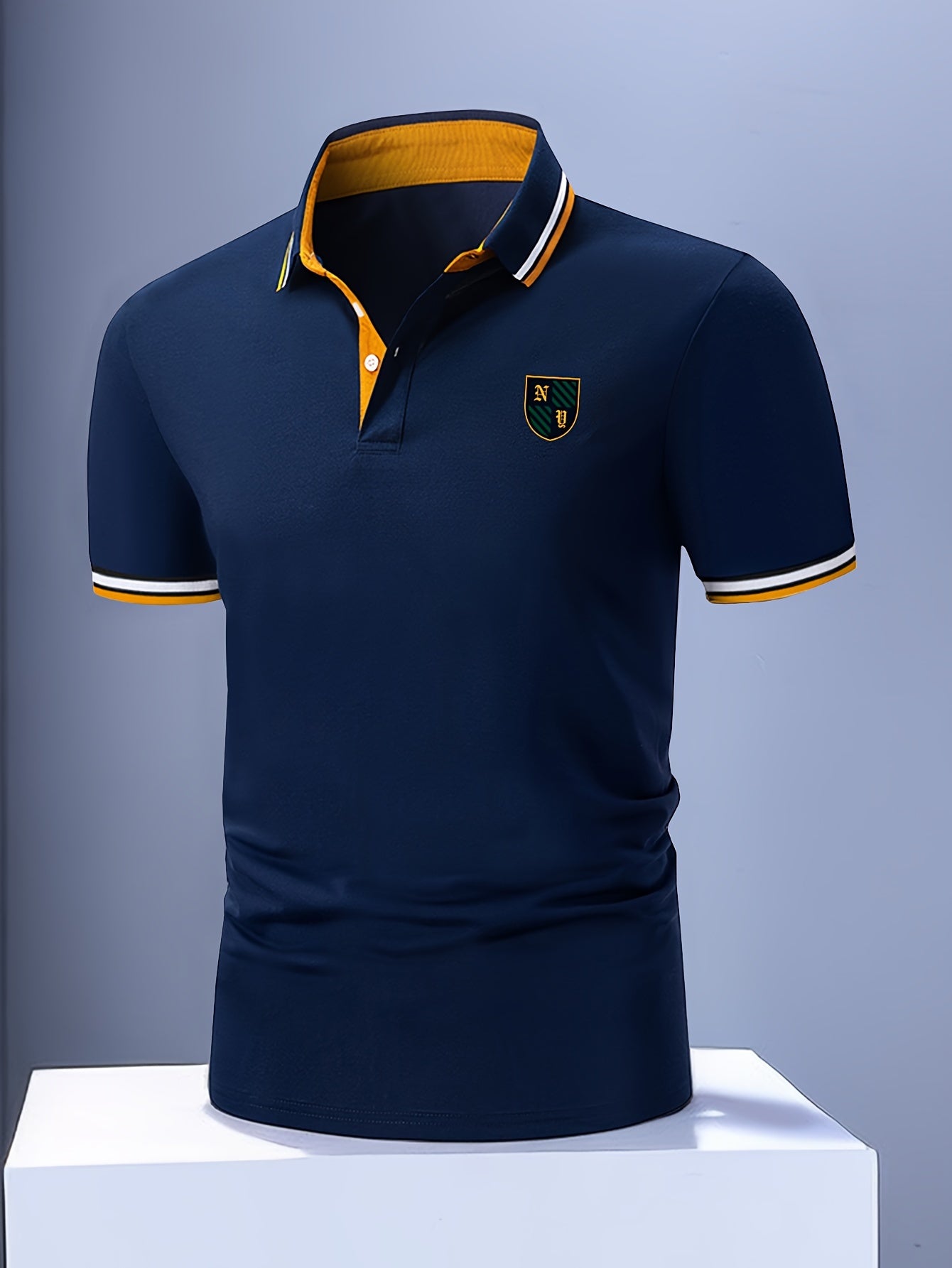 Men's short sleeve golf shirt with contrast trim, perfect for golfing and a great gift for men.