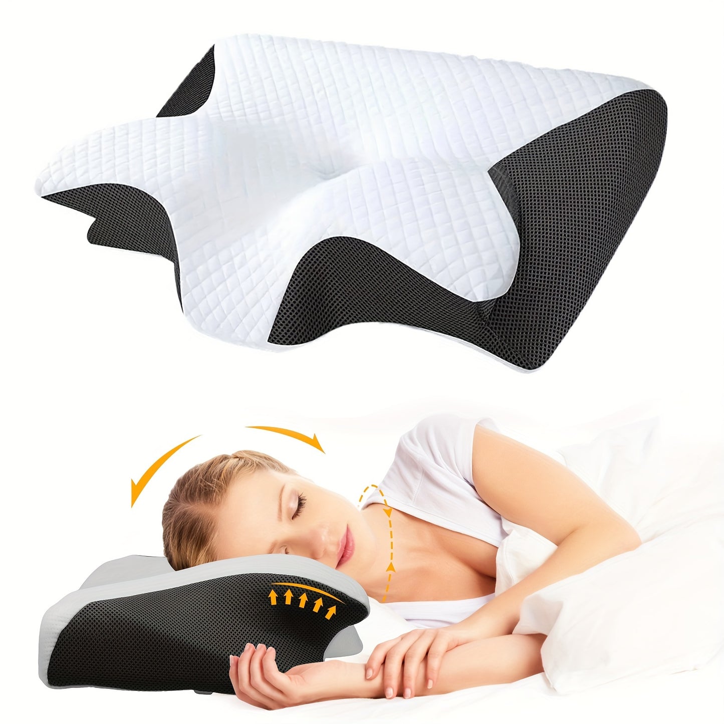 Memory foam cervical pillow with removable cover and arm rest design for all types of sleepers.