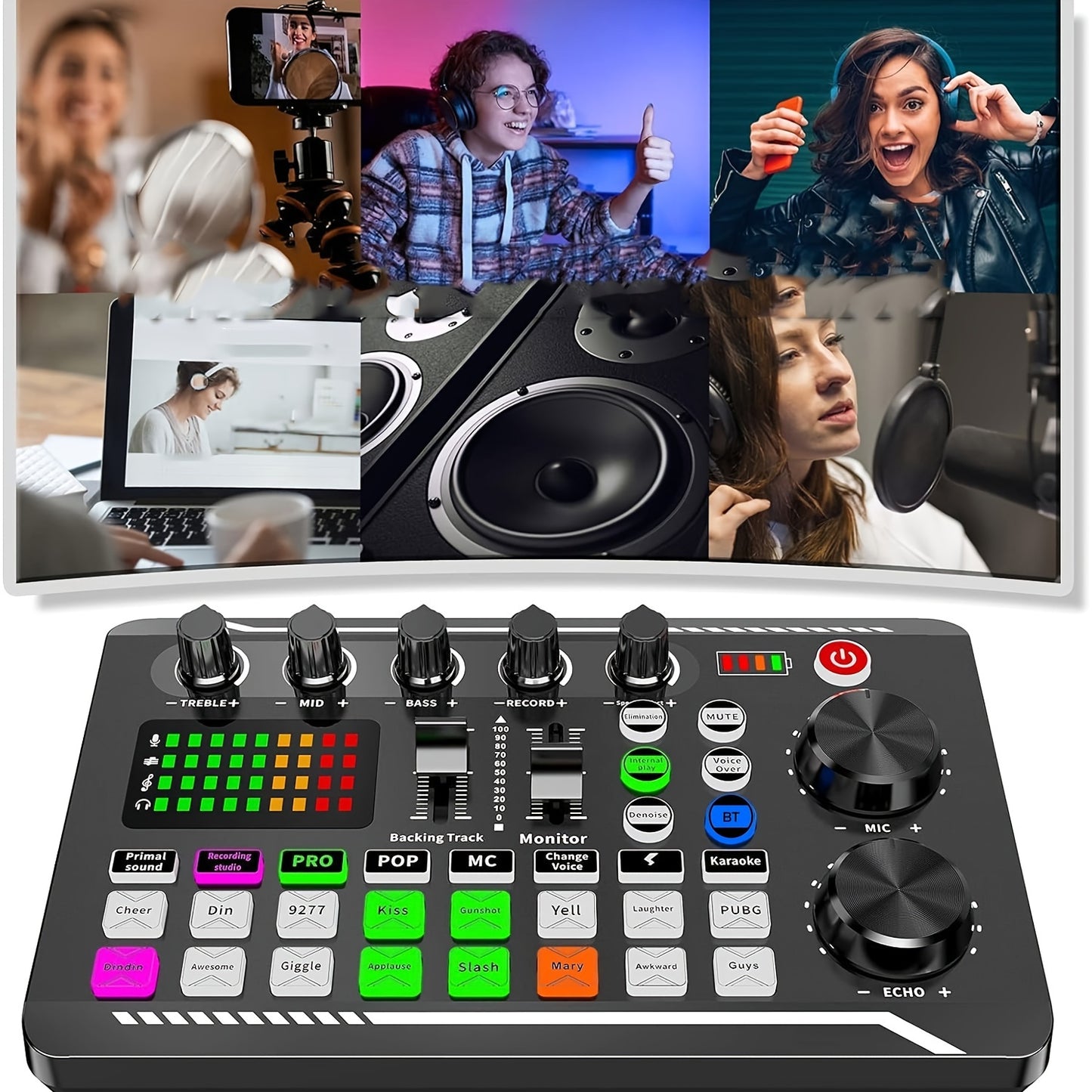 Live sound card mixer with USB charging, volume control, and battery indicator for various uses, including karaoke and video conferencing, Eid Al-Adha Mubarak!