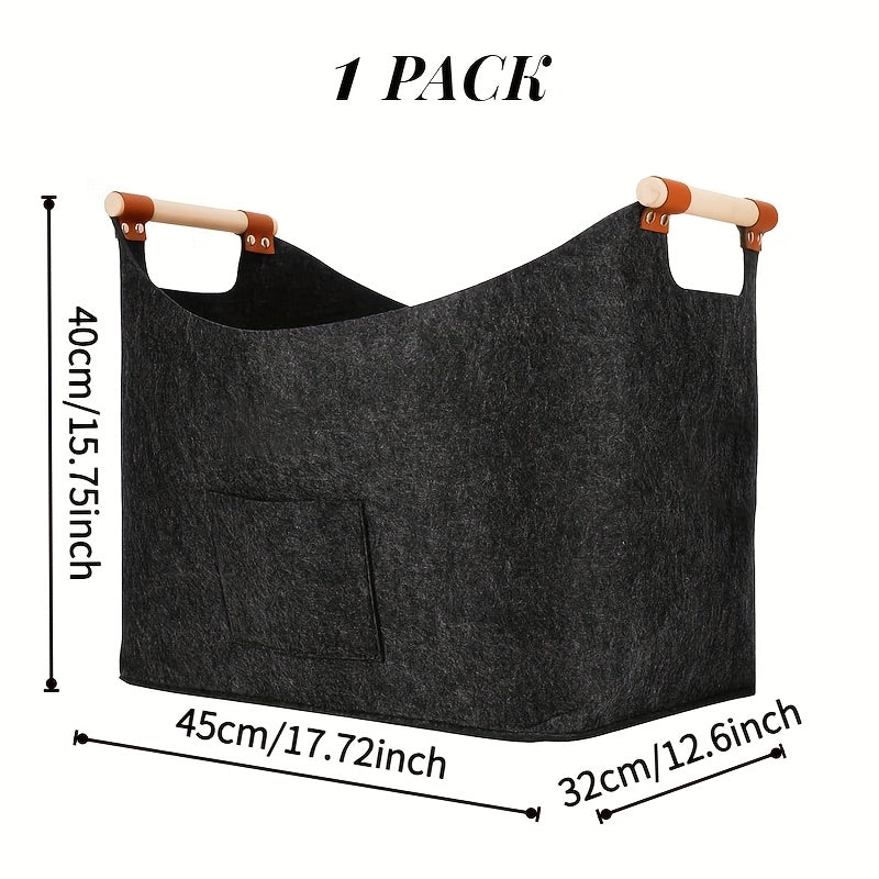 Extra large foldable fire basket made of thickened felt with a capacity of 55L, perfect for fireplaces. Features extended handles for easy carrying, doubles as a space-saving firewood and vegetable basket in dark gray color. Perfect for indoor wood