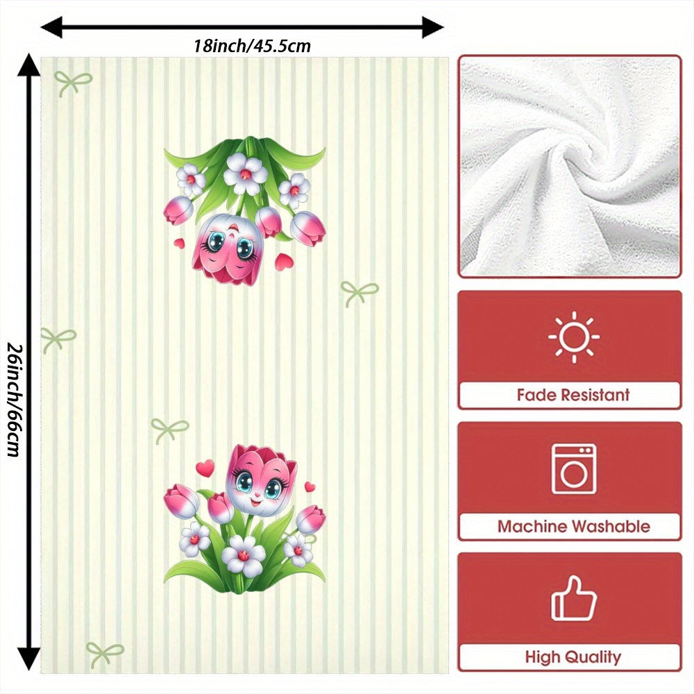 Two pieces of incredibly soft decorative towels featuring a whimsical flower design. These towels measure 45.72x66.04 cm and are both quick-dry and highly absorbent, making them perfect for use in the kitchen or bathroom. They are also machine washable