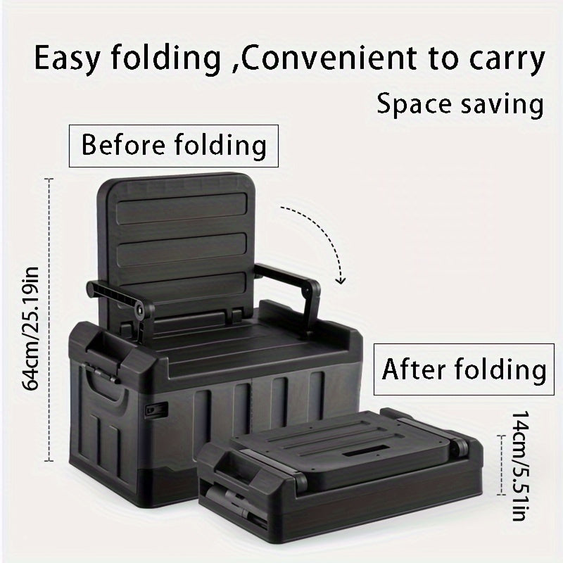 Foldable car storage box with large capacity for clothing, toys, and camping essentials, suitable for various vehicle models and outdoor use. Can also be used as a fishing box for car