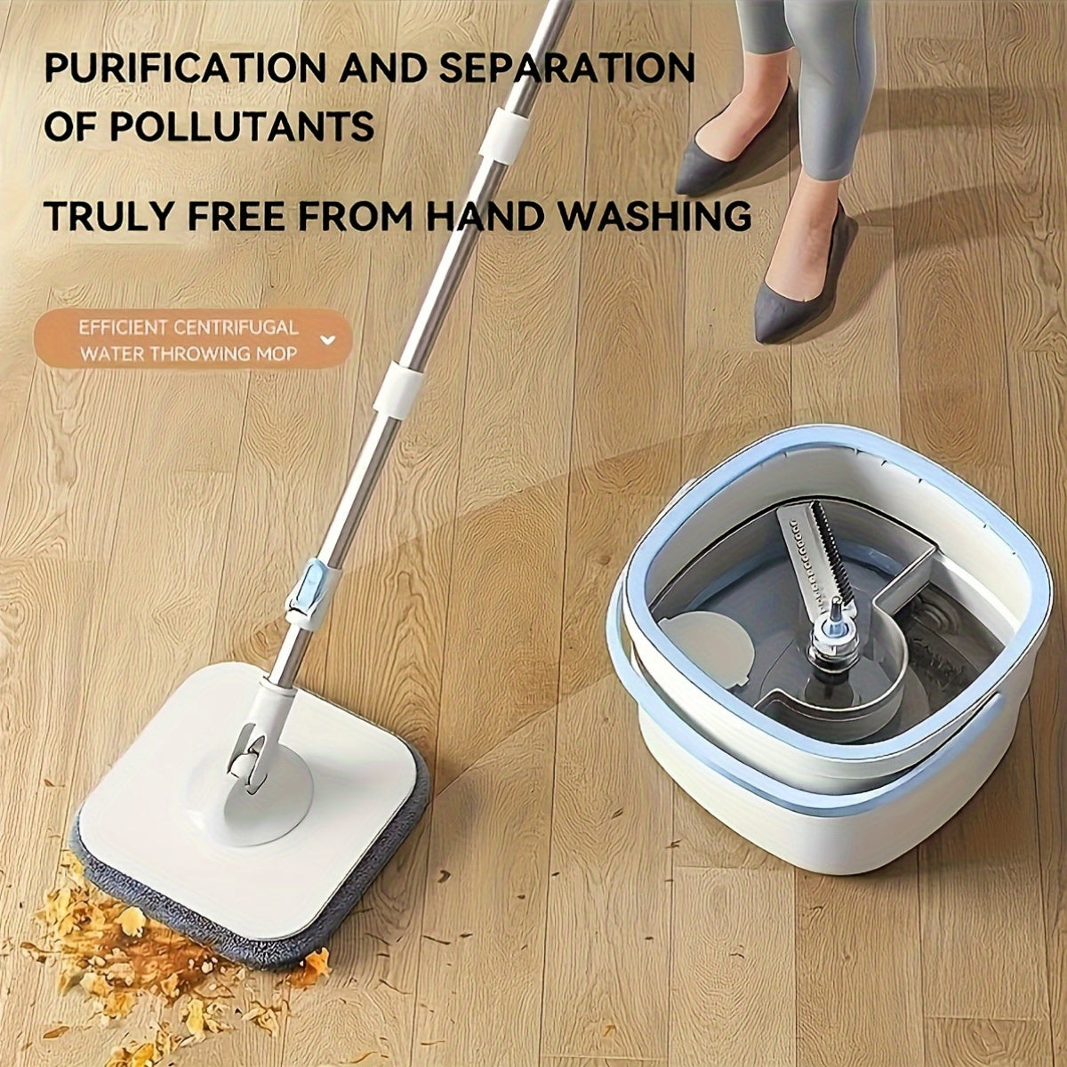 Achieve Effortless Cleaning with Stainless Steel Flat Mop and Bucket Set, featuring Dirt-Separating Bucket and No-Hand Wash System. This efficient centrifugal water throwing set is perfect for use in the home, including living room, bedroom, bathroom