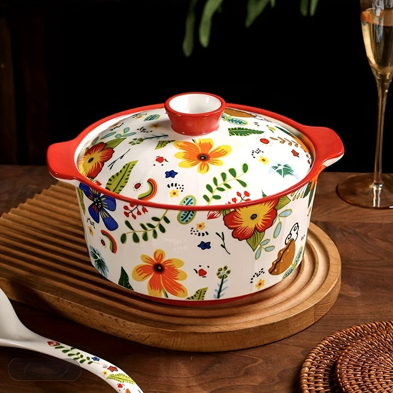 This generously-sized ceramic soup tureen comes complete with a convenient lid and sturdy handles, making it an ideal choice for preparing delicious home-cooked meals.