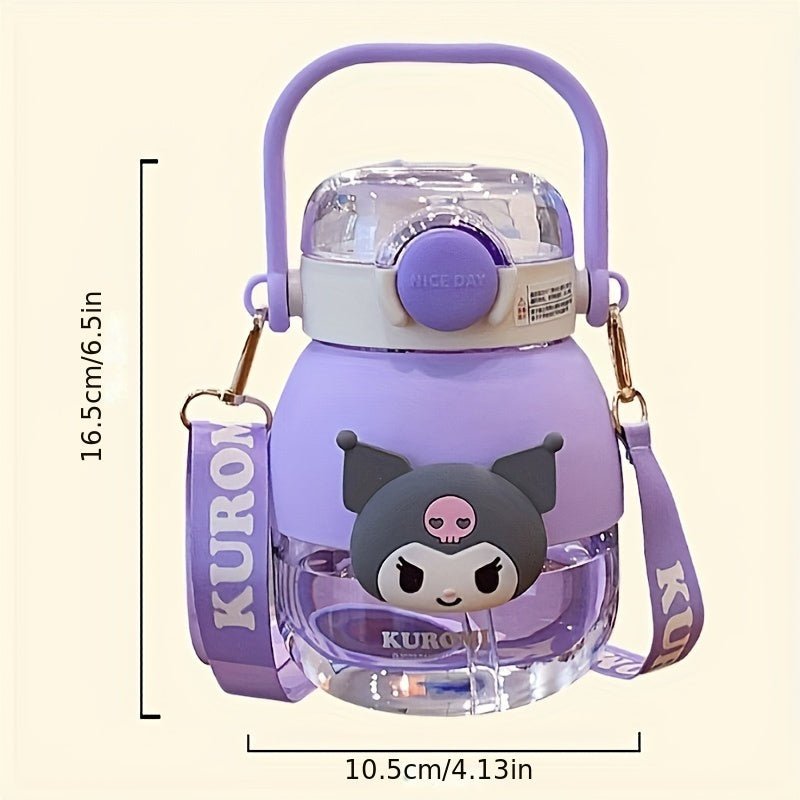 Large 35.5oz Sanrio water bottle featuring Kuromi & Melody designs. Leakproof with straw, portable for travel & fitness. Made of Tritan material, hand-wash only.