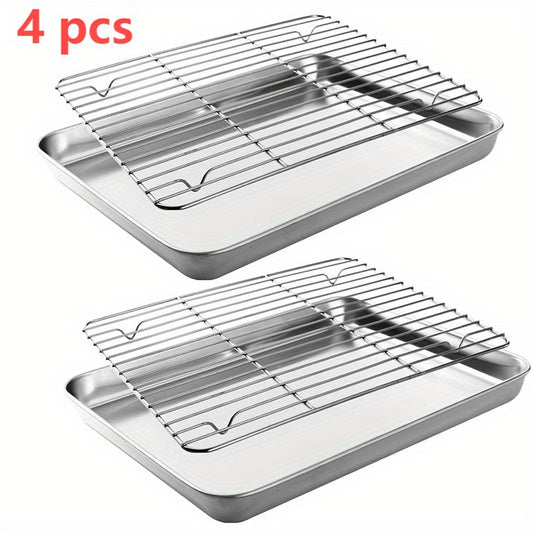 Essential Cooking Tools for Home Chefs: Stainless Steel Kitchen Set with Square Baking Pan, Mesh Drain Rack, Flat BBQ Grill Net, Oven Rack, and Vegetable Prep Tray - Includes 4 Pieces