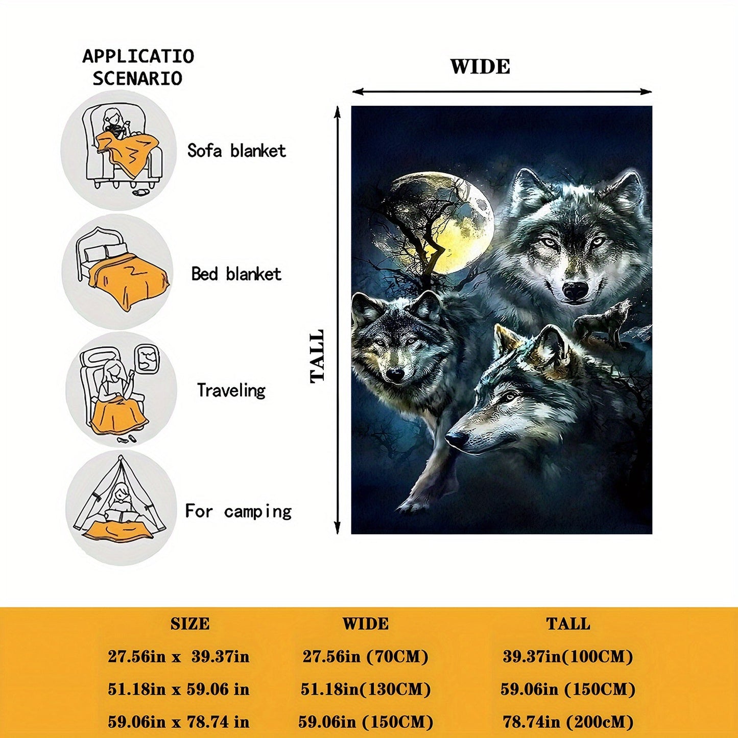 Soft and cozy Contemporary Wolves in Moonlight Design Flannel Fleece Throw Blanket, perfect for use on sofa, in the office, bed, camping, or while traveling. This multipurpose holiday gift nap blanket is made of knitted polyester, machine washable, and