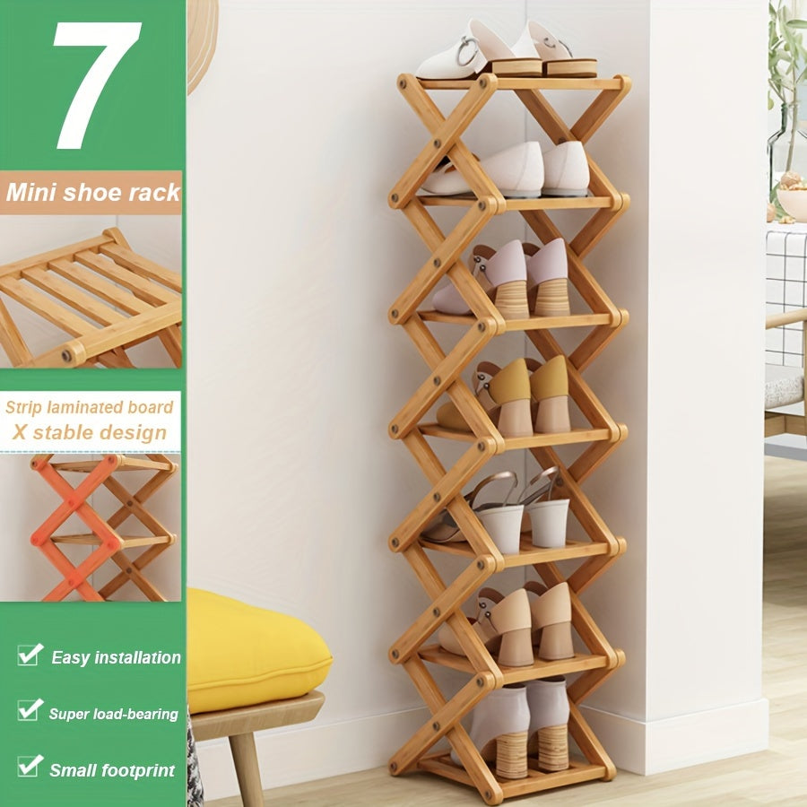 Bamboo Shoe Rack with Cross Design, Multi-layer Storage for Indoor Spaces such as Bedrooms, Dormitories, and Houses. Ideal for entryways to save space with its compact size.