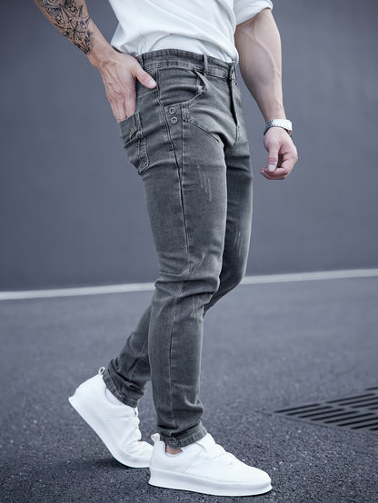 Men's slim-fit stretch denim jeans with casual straight leg and washed look, suitable for all seasons.