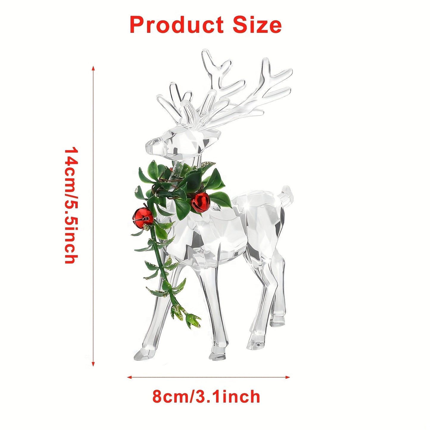 Clear acrylic Christmas reindeer figurines with red bells - perfect holiday decor for any room.