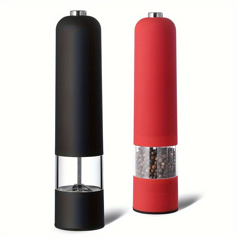 Automatic electric salt and pepper grinder set with adjustable coarseness, ideal for cooking and BBQs.