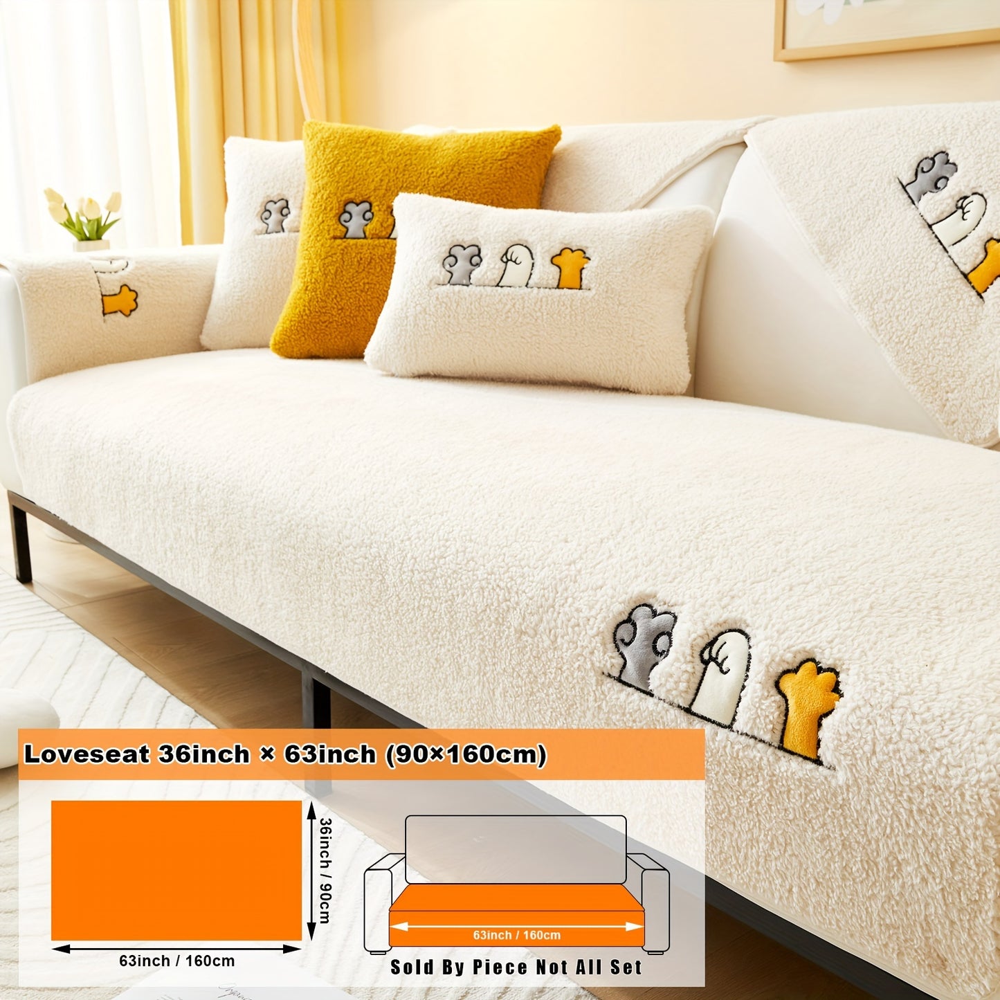 Modern plush sofa cover with paw pattern embroidery, non-slip protection for sofas, machine washable and suitable for various types of furniture.