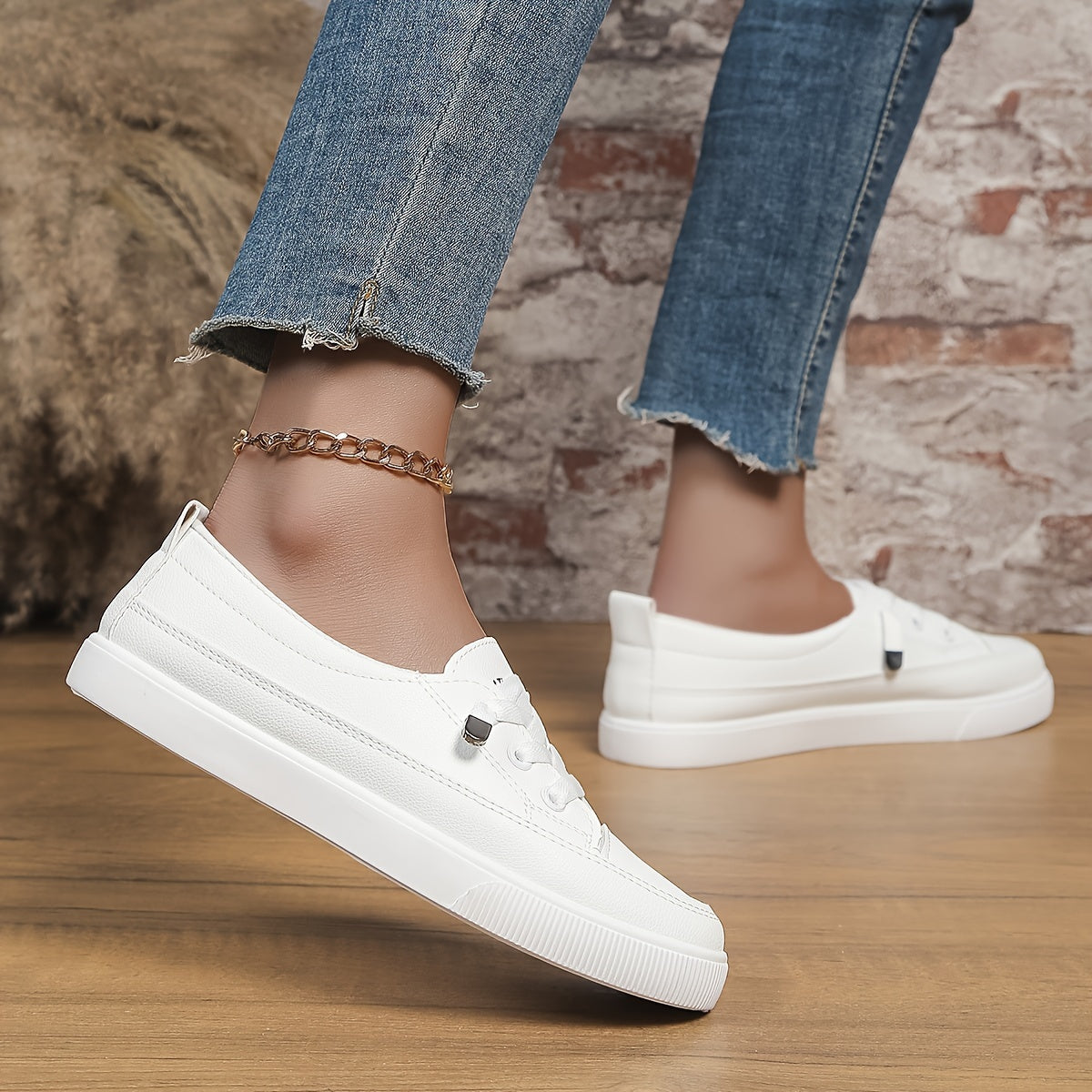 Women's casual flat white sneakers - versatile and easy to wear.