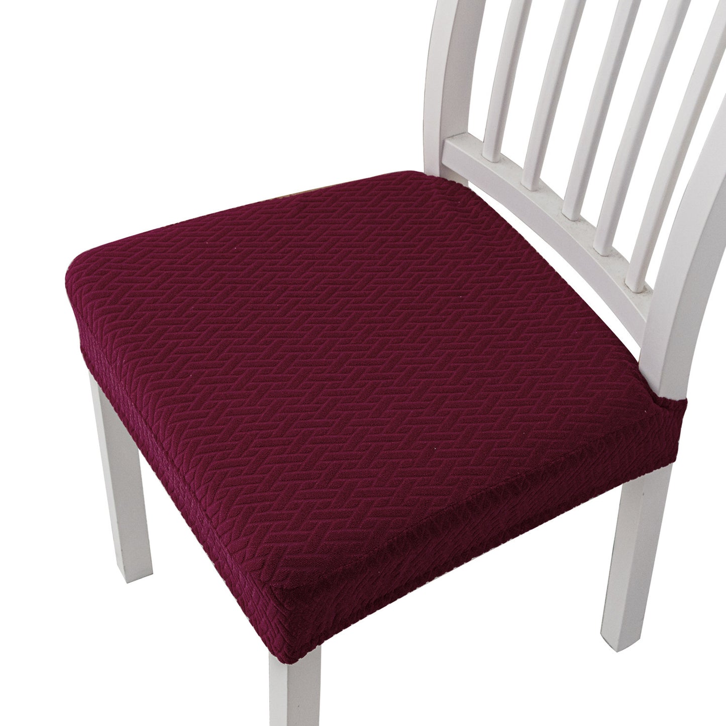 Stretchable solid color chair cushion cover with elastic fit for dining chairs in homes and hotels. Made of machine washable polyester blend.