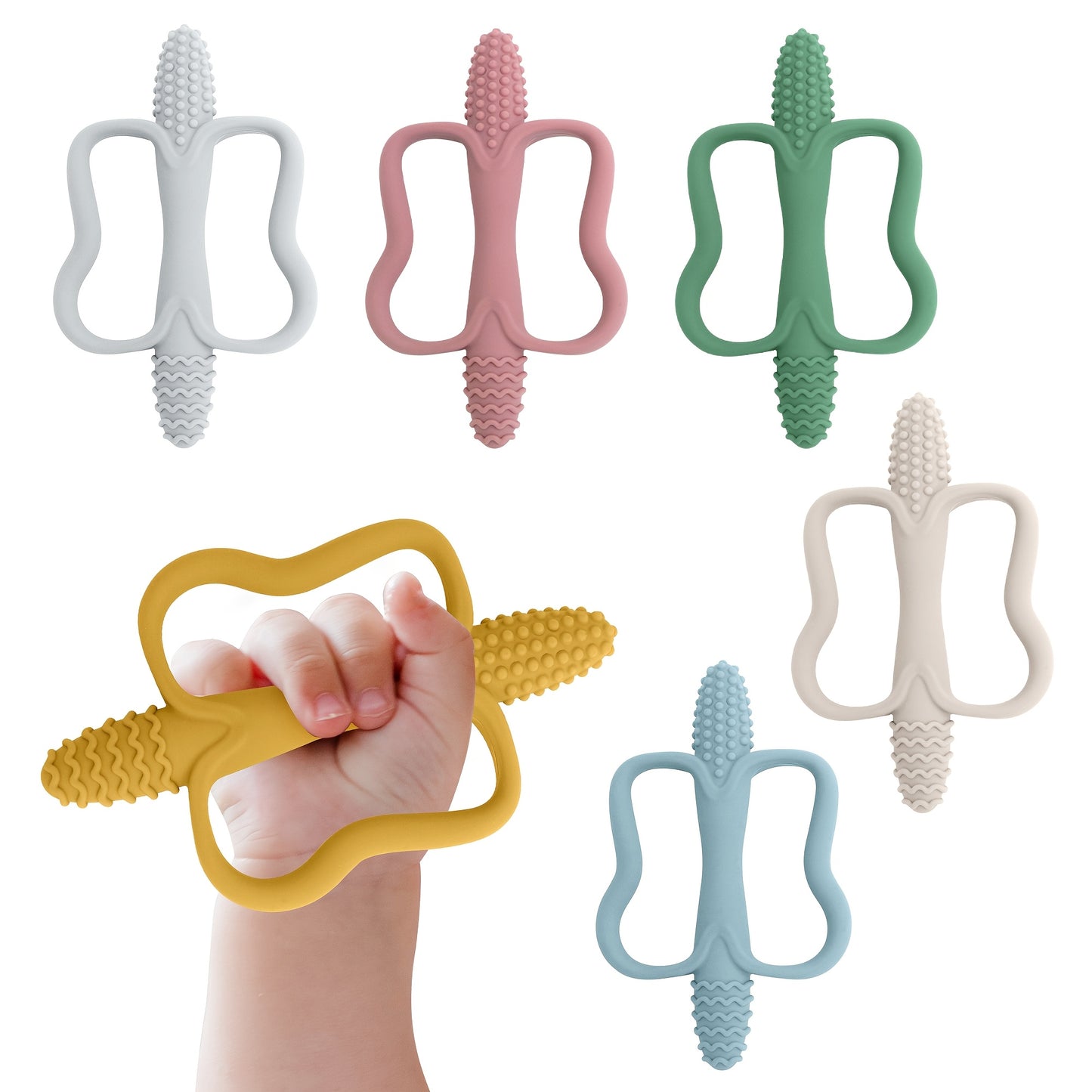 Corn-shaped teething stick with handle, available in 6 colors.