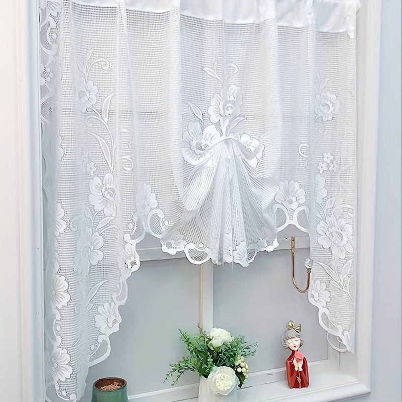 Elegant white lace flower print curtain, suitable for bedroom, living room, kitchen, and study. This rod pocket window treatment is perfect for home decor.