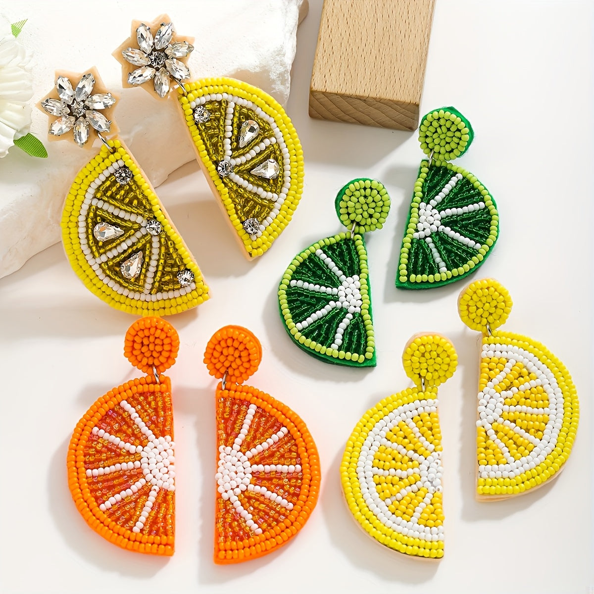 Handmade Beaded Fruit Earrings, Stylish Boho Design with Stainless Steel Post, Featuring Summer Lemon and Orange Motif. Perfect for Women's Fashion, Ideal for Daily or Vacation Wear.