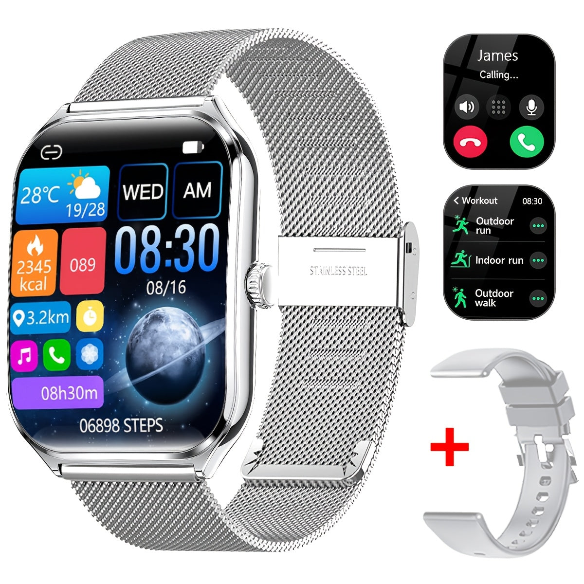 Ultra-thin smartwatch with full touch display, dual screen, USB charging, stainless steel case for Android and iPhone. Ideal for fitness tracking, calls, messages and music control.