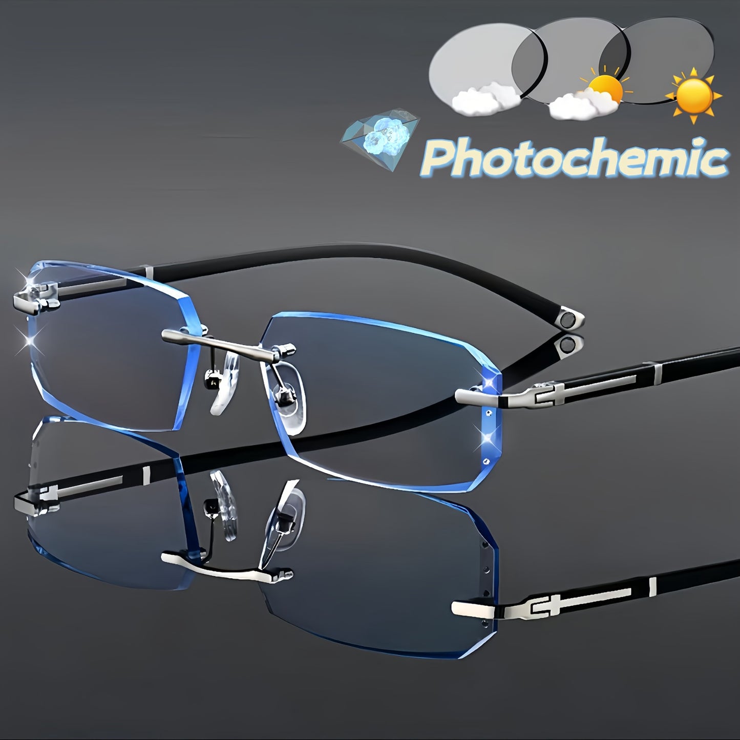 Frameless rhinestone photochromic glasses with anti-blue light protection and color-changing design for daily wear, parties, and gifts.