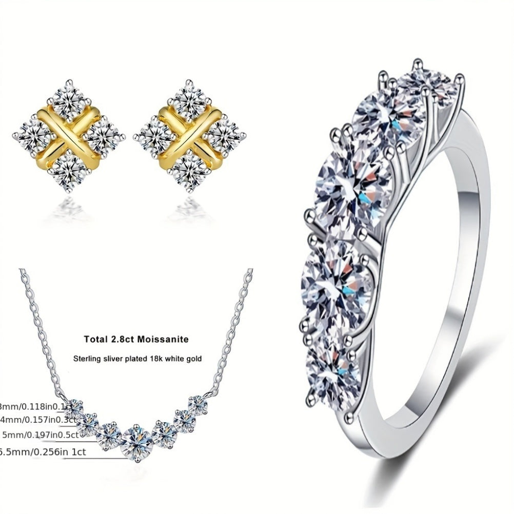 Luxurious 4-Piece Jewelry Set featuring a 7.2ct Total Moissanite Necklace Pendant, Earrings, and Ring - made with 925 Sterling Silver. Perfect Holiday-Themed Gift Set for Weddings, Christmas, Anniversaries. Comes in a beautiful Gift Box.