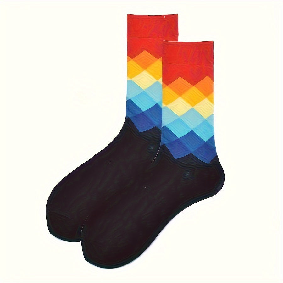 5-Pack Men's Argyle Cotton Socks, Colorful Diamond Pattern, Fashion Contrast Mid-Calf Socks, Hand Wash or Dry Clean