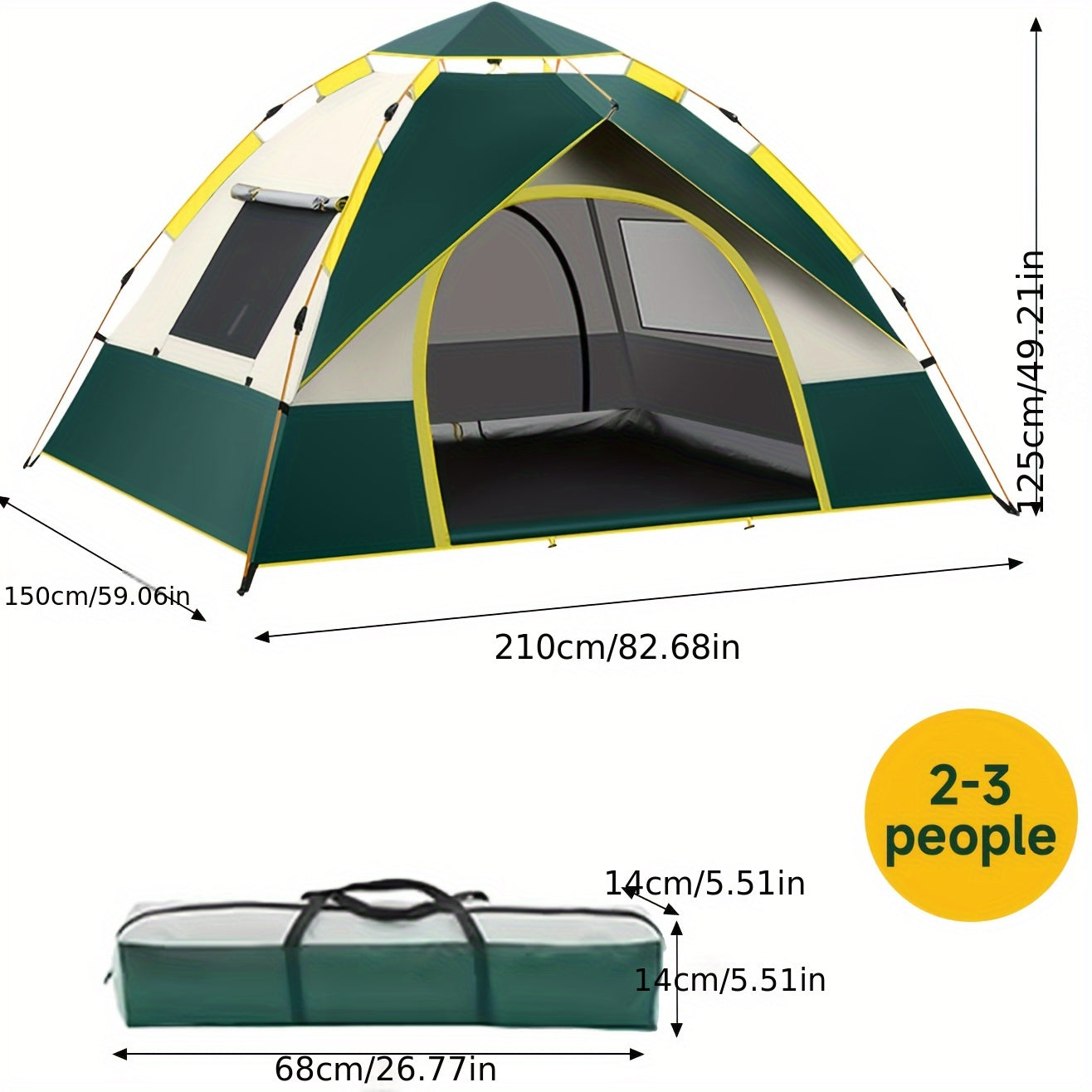 Waterproof and windproof family camping tent for 2-4 people with easy setup, ideal for hiking and travel. Includes storage bag, 8 ground pins, and 4 windproof ropes.