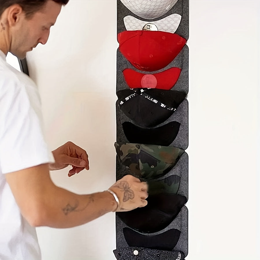 Wall-mounted storage option for baseball caps with seven shelves, this versatile linen hat organizer is perfect for keeping your caps tidy and easily accessible. It also doubles as a portable travel cap holder.