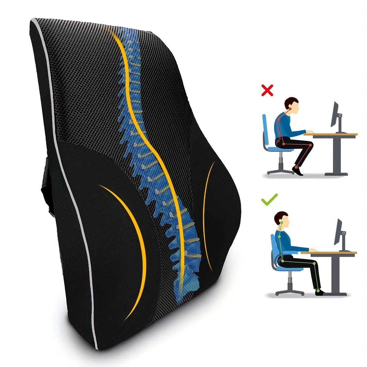 Memory foam lumbar support for office chair, car seat, and back pain relief.