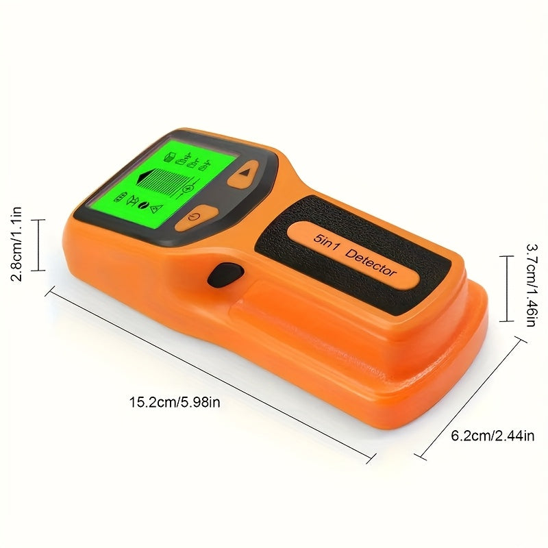 5-in-1 stud finder scans for wood, metal, and AC wires with backlit display, battery-operated (batteries not included).