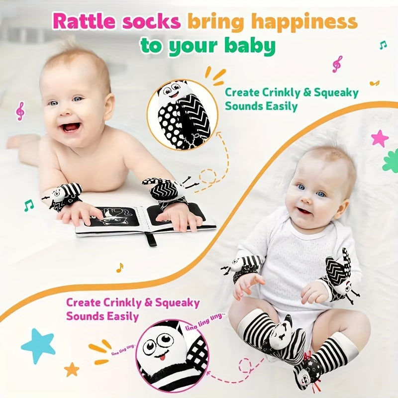 Set of Wrist Rattle and Foot Finder Socks for Young Children - Toys to Aid Developmental Milestones, Encouraging Sensory Exploration and Coordination, Suitable for any Gender, Featuring Stimulating Black and White Patterns