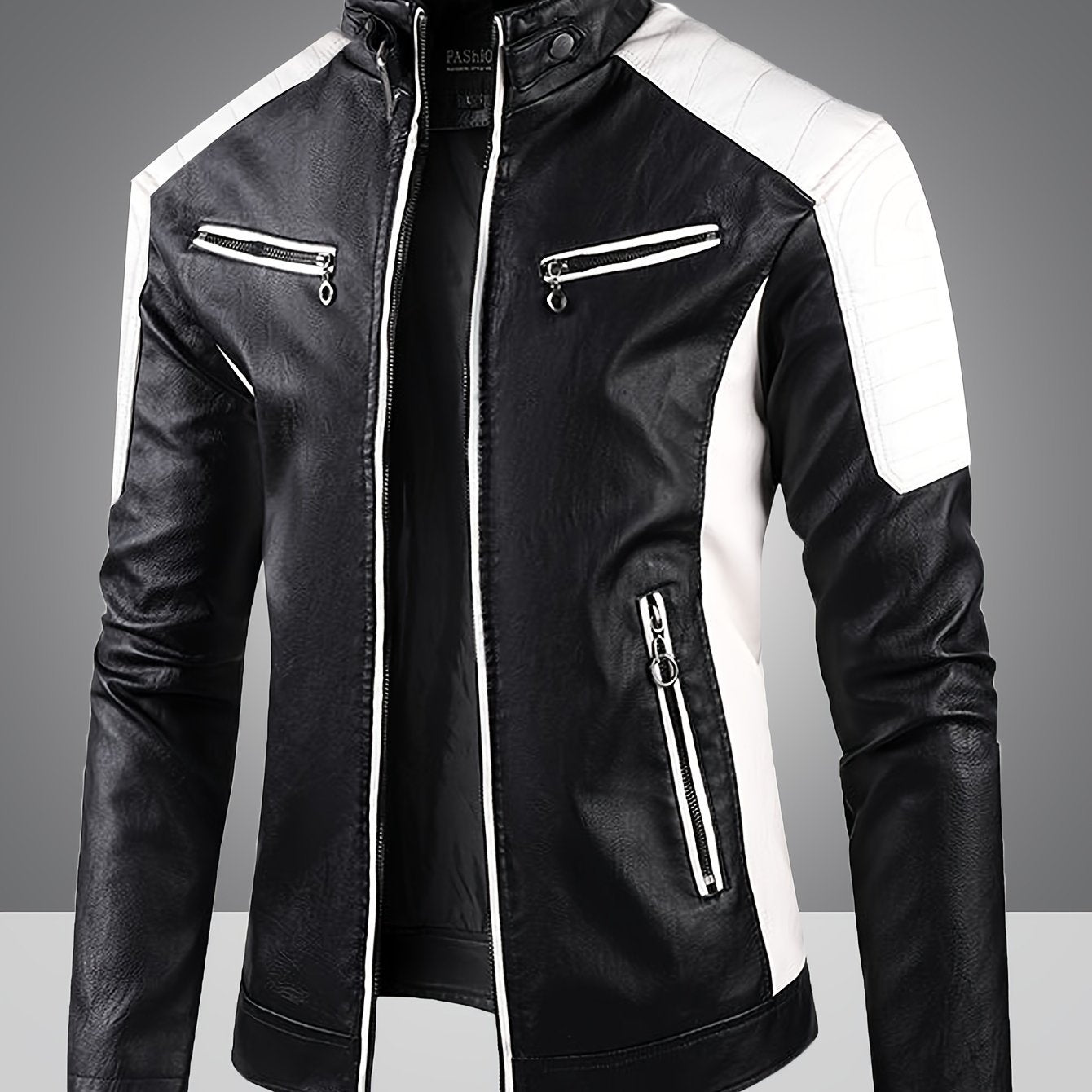 Men's Slim-Fit Color Block Jacket with Stand Collar, Zipper, Multiple Pockets, White & Red Design for Fall/Winter/Autumn.