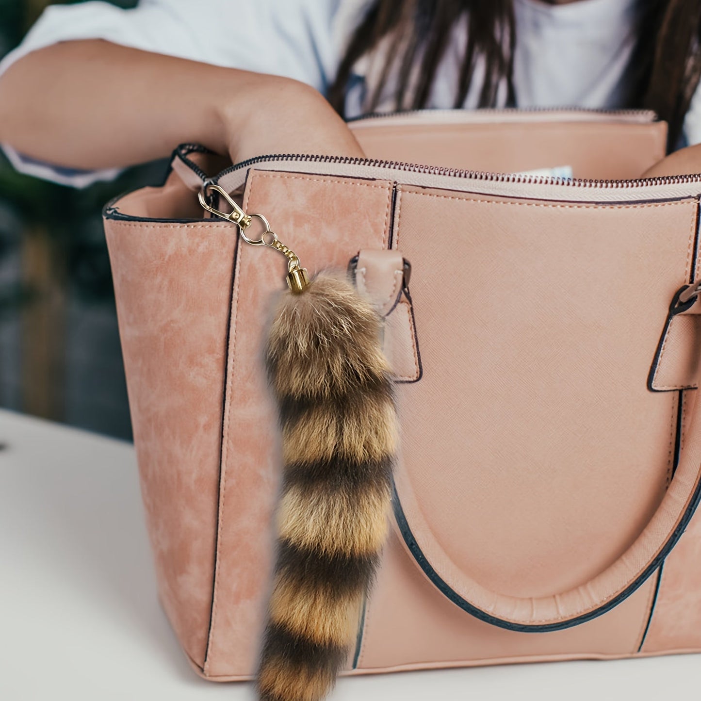 Faux Raccoon Tail Pom Pom Keychain with Metal Split Ring Keyring - Made from Yarn Material - Versatile Accessory for Handbags and Backpacks - Great for Weddings, Birthdays, and Bachelorette Parties - Perfect Gift for Christmas, Easter, Hanukkah