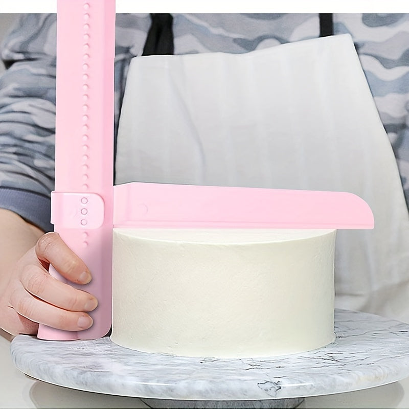 Cake decorating tool for achieving smooth edges and surfaces: Adjustable Height Cake Icing Spatula and Plastic Cake Smoother Scraper for Fondant Design.