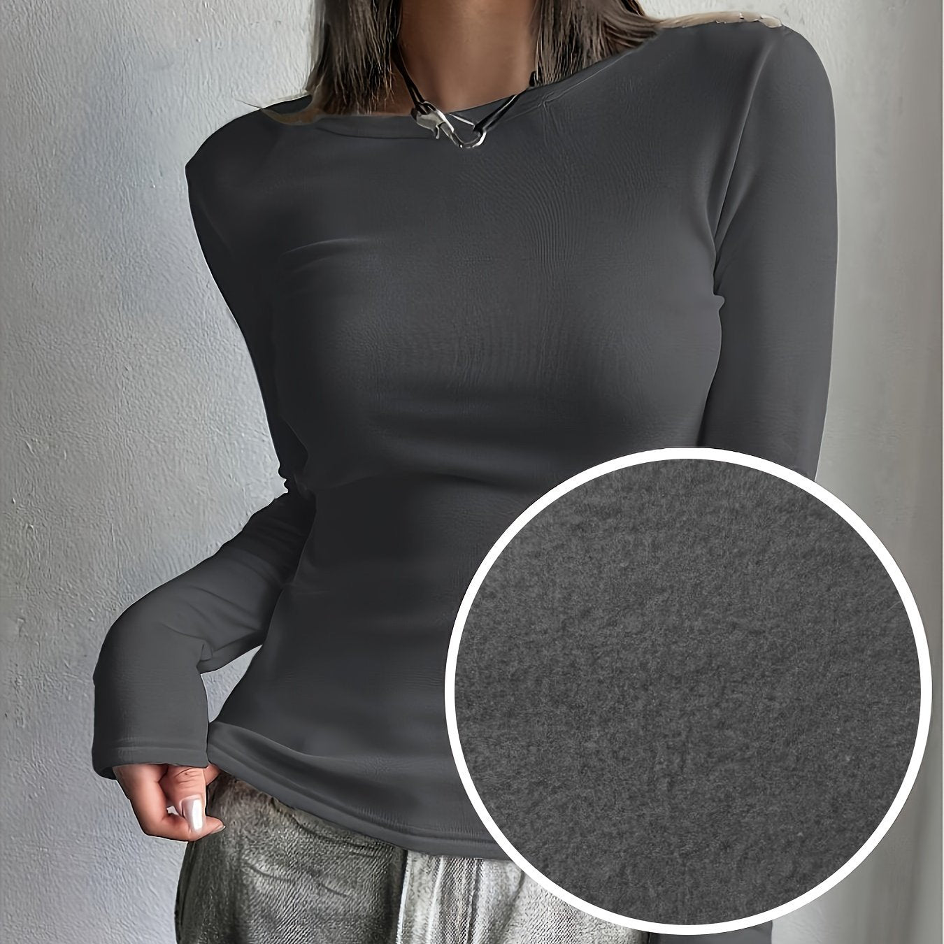 Basic Women's Crew Neck Top - Long Sleeve Solid Color Shirt for Fall/Winter - 95% Polyester, 5% Elastane Stretch Fabric