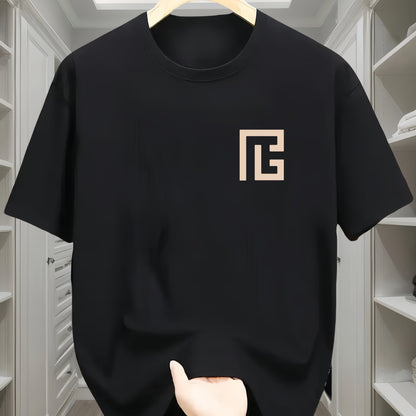 Men's 100% cotton T-shirt with geometric print, short sleeves, crew neck, black with golden logo design, perfect for casual sportswear outfit.