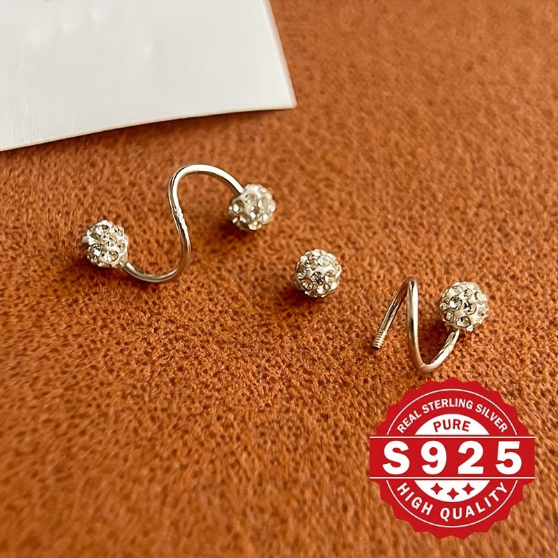 Luxurious 925 Sterling Silver Screw Ball Stud Earrings, adorned with Sparkling Screw Buckle S Bar. Ideal for gifting at Christmas or wearing to a Music Festival themed party with friends.