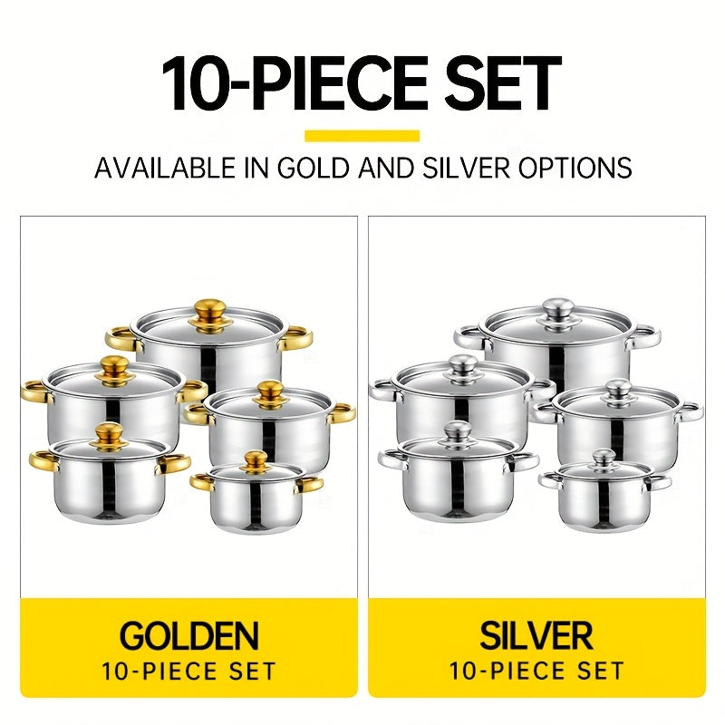 Set of 10 Stainless Steel Soup Pots with Gold-Plated Double Handles, Long-Lasting Cookware Finish, Must-Have Kitchen Items