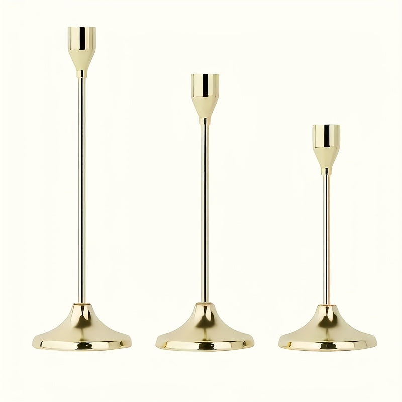 Set of three elegant single-head candle holders for romantic European home décor, perfect for candlelight dinners or weddings. Includes black and gold cone candle holder stands for table centerpieces and room decoration.