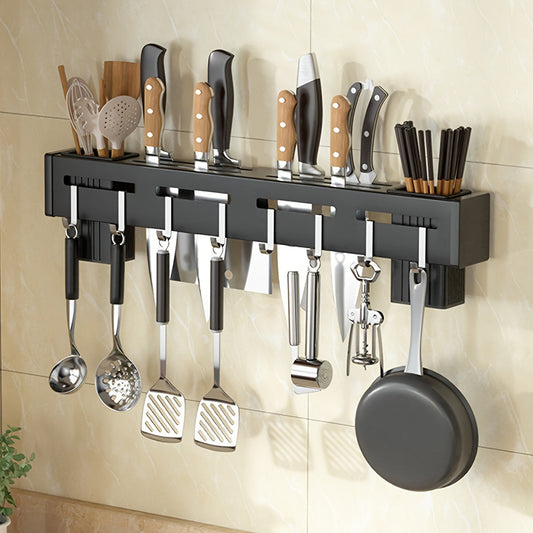 Wall-mounted stainless steel kitchen knife rack with 8 hooks and a dual-purpose design for holding knives and chopsticks. Measures 50cm in length and comes with a shelf for storing other household items. Easy to install without the need for punching