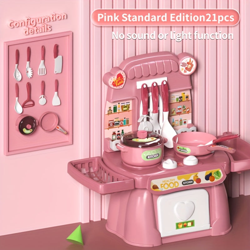 Pink Kids Kitchen toy set with light and sound features, including food and utensils for pretend cooking and chef role play. Fun and stress-relieving toy.