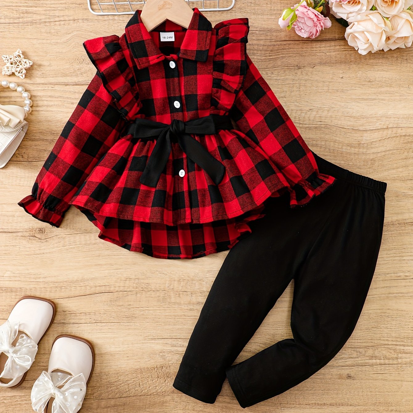 Baby's ruffled plaid blouse with belted pants set for outdoor wear in spring and fall