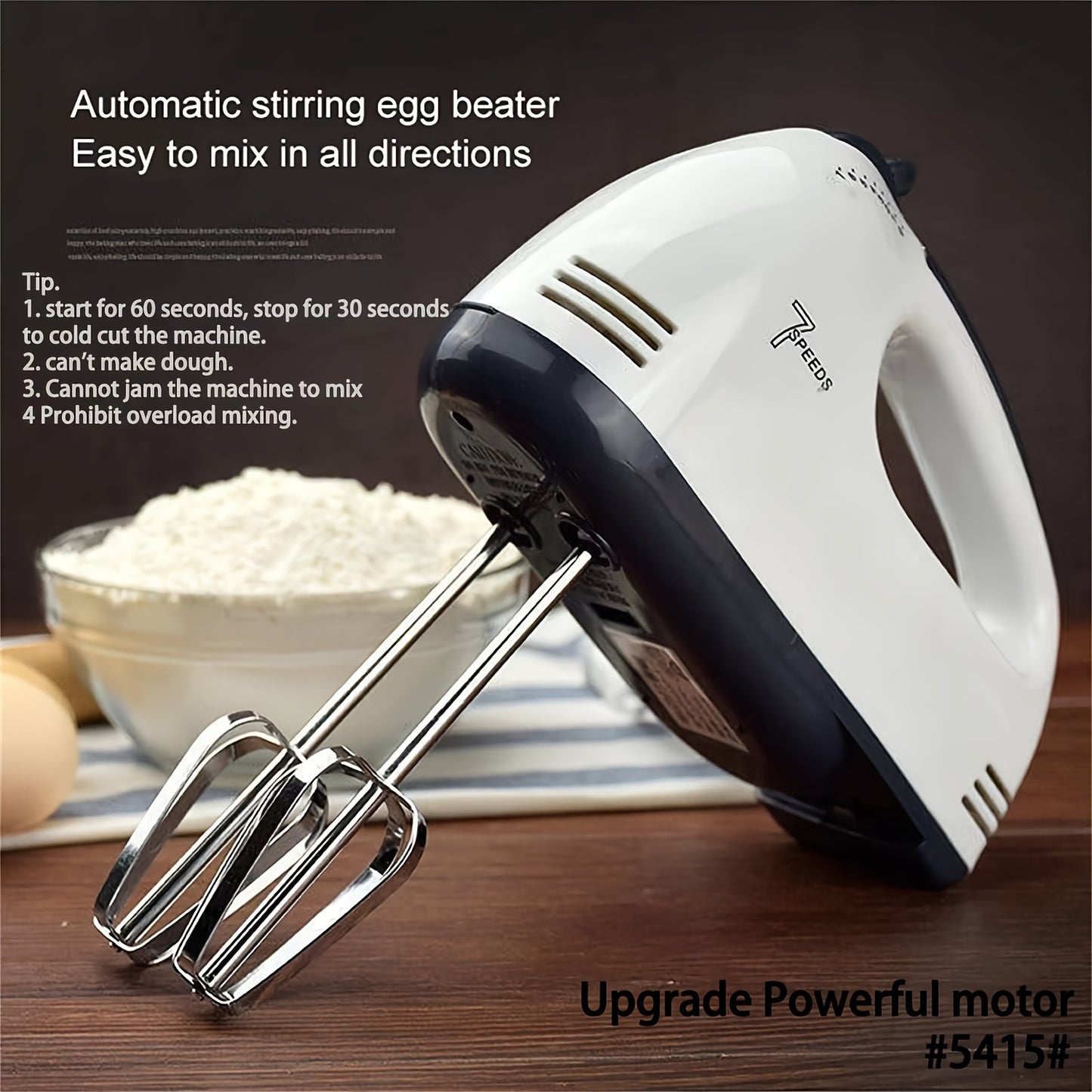 Upgraded electric egg beater with 7 speeds for home baking, featuring a powerful 15W motor. Ideal for beating eggs and whipping cream (#5415).