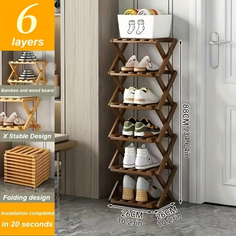 This foldable shoe rack, constructed from bamboo and requiring no installation, offers a customizable design with 5 to 9 layers to choose from. Available in two colors, this space-saving option is perfect for the limited area near the family's entrance.