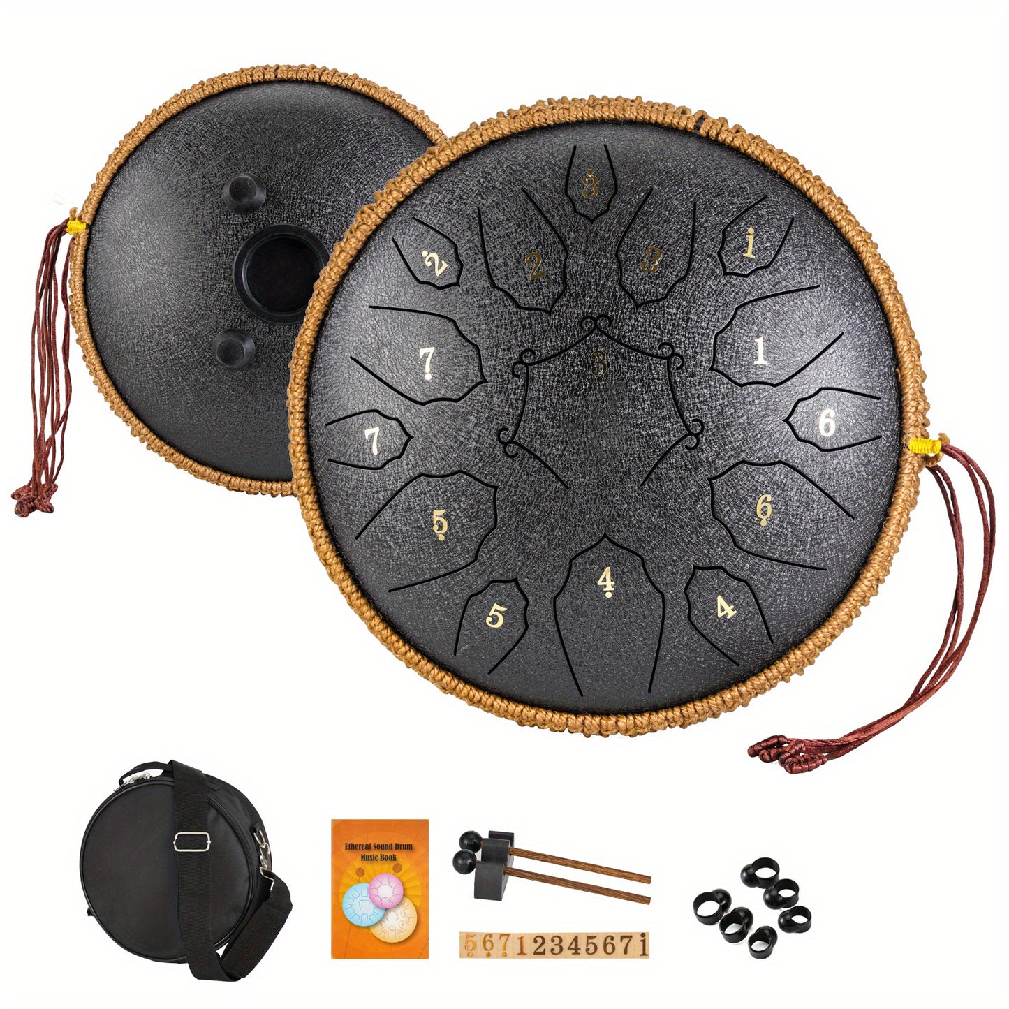 30.48cm D-Key steel tongue drum with 15 notes, carry bag, and accessories for yoga, meditation, concerts, and relaxation.