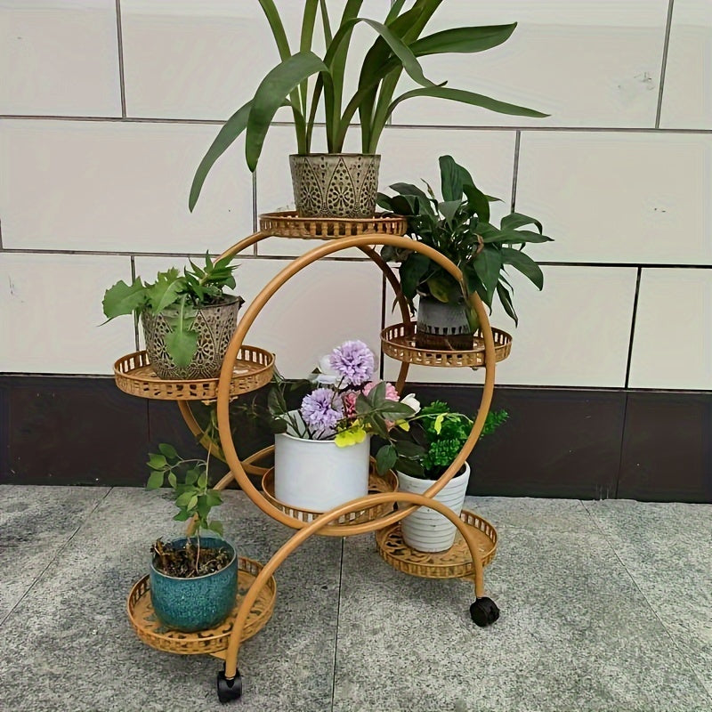 European-style metal hanging plant stand with wheels, multi-level mobile planter rack, circular design for indoors and outdoors.