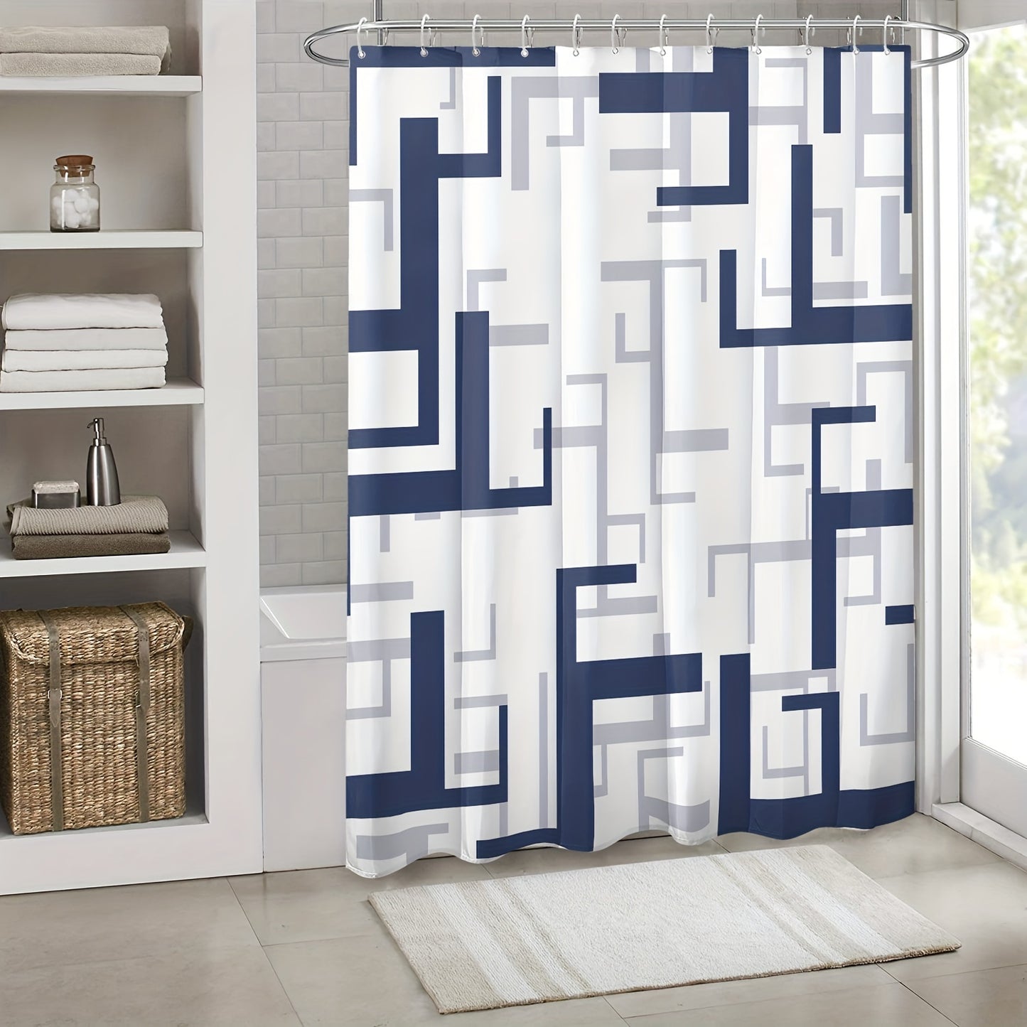 Blue geometric shower curtain with hooks, waterproof and machine washable, ideal for windows and bathroom decor.