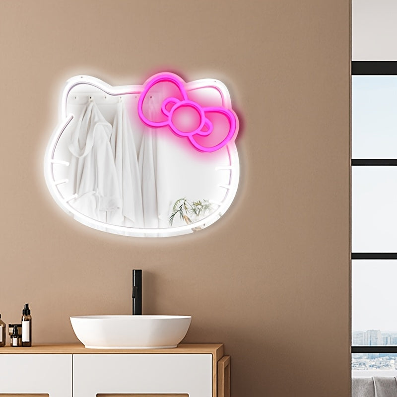 1pc USB-powered Hello Kitty Cartoon Oval LED Neon Light Mirror with dimmable plastic frame for various rooms - Glowing decor.