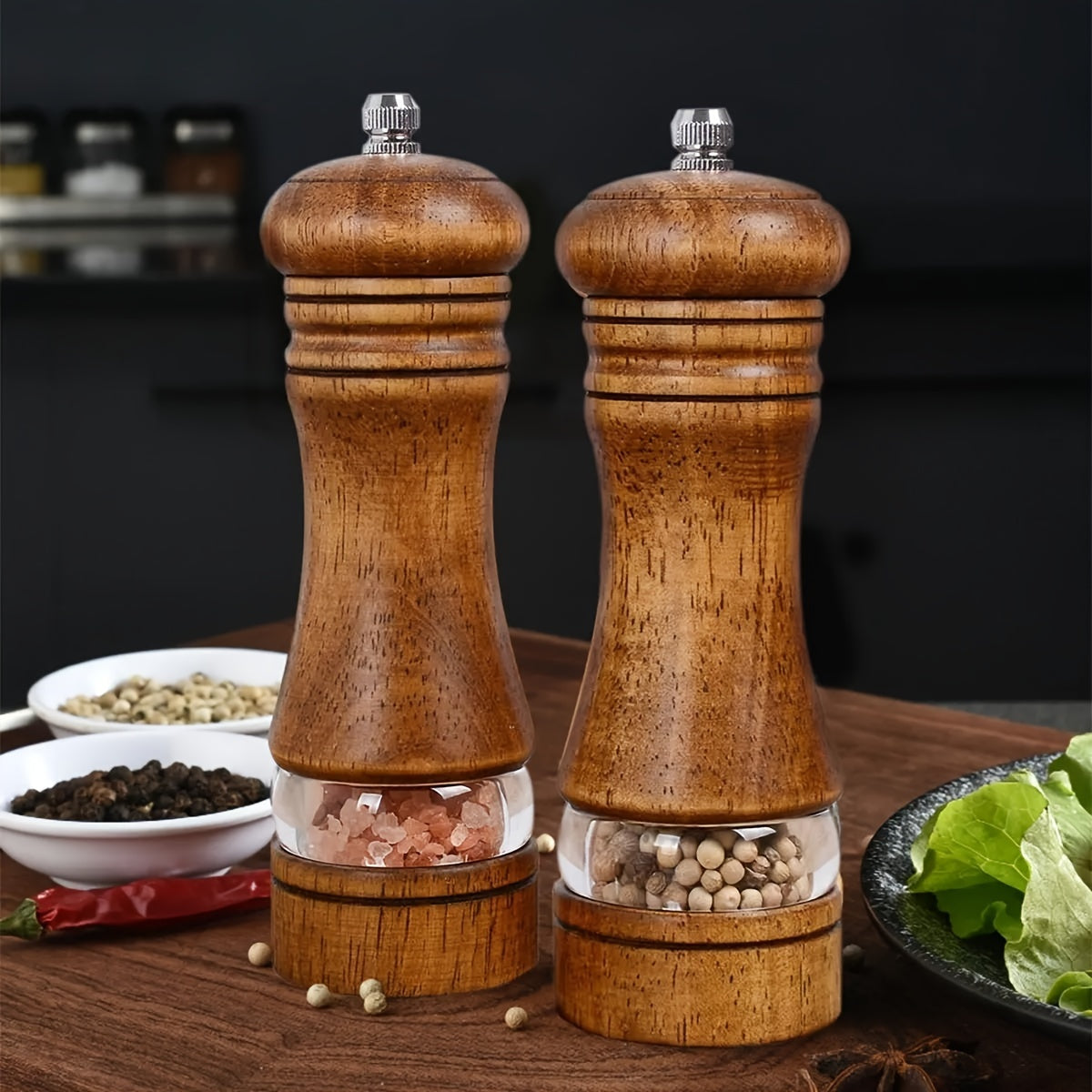 Best Seller: Set of 2 Adjustable Wooden Pepper & Sea Salt Grinders - Manual Spice Mills with Ceramic Core, Ideal for BBQs, Picnics, and Camping - Long-lasting Kitchen Tools, Excellent Valentine's Day Present, Spice Grinder, Refillable Spice Jar, Stylish